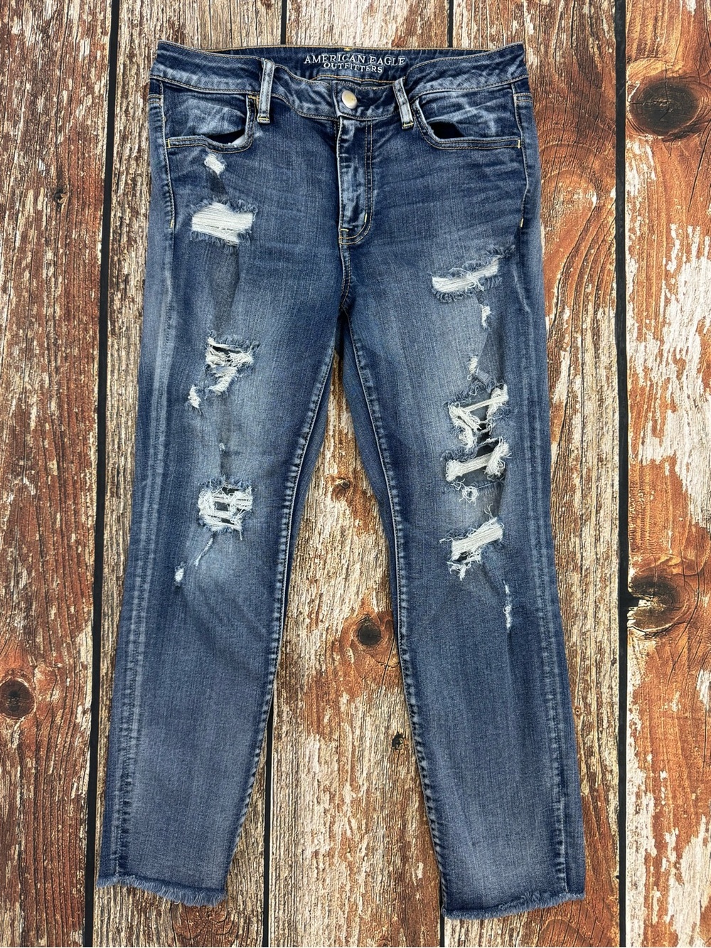 American Eagle Women’s Super Skinny Jegging Crop Distressed Denim Jeans, Size 12